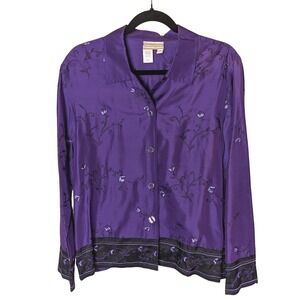 Coldwater Creek Silk‎ Button Down Shirt Size M Floral Embroidery Purple Grannie